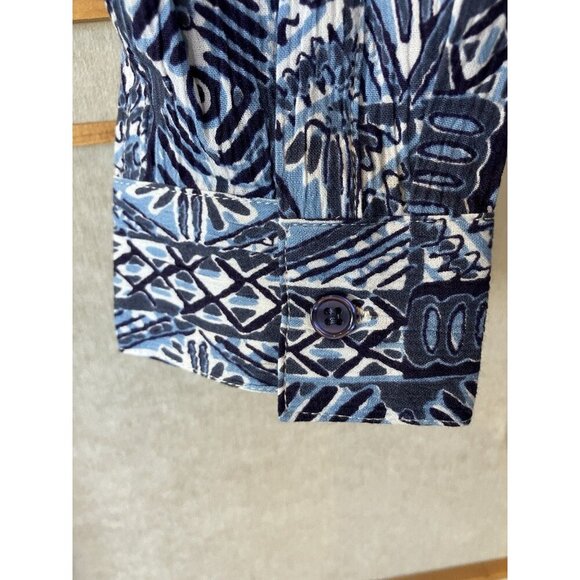 Appleseeds Women’s SM Blue Crinkled Cotton Geometric Print Button Down Shirt NWT - Picture 5 of 12